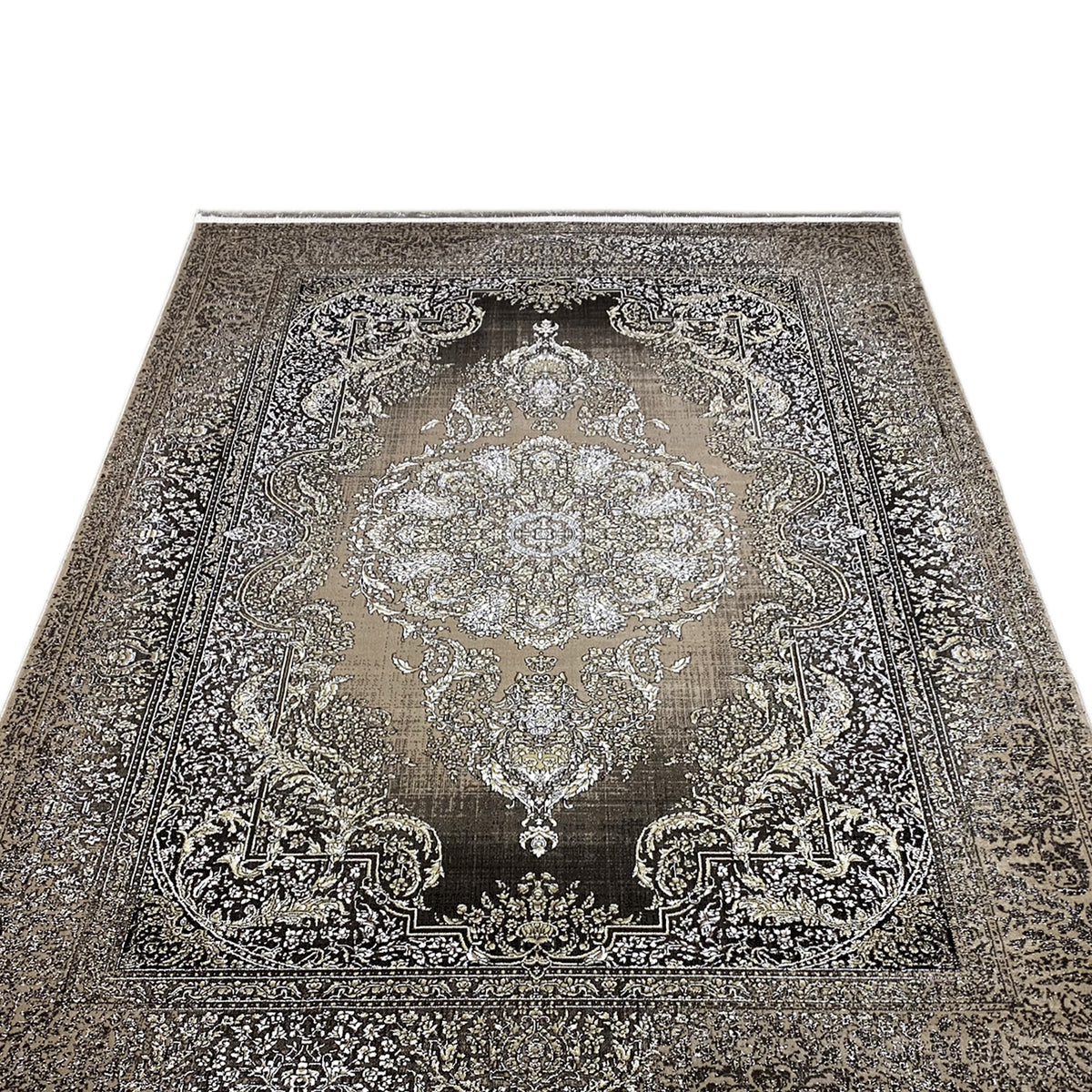Rug front view with medallion pattern, silver embossed look on a dark gray background