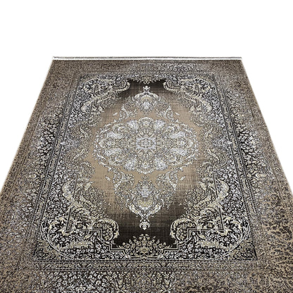 Rug front view with medallion pattern, silver embossed look on a dark gray background