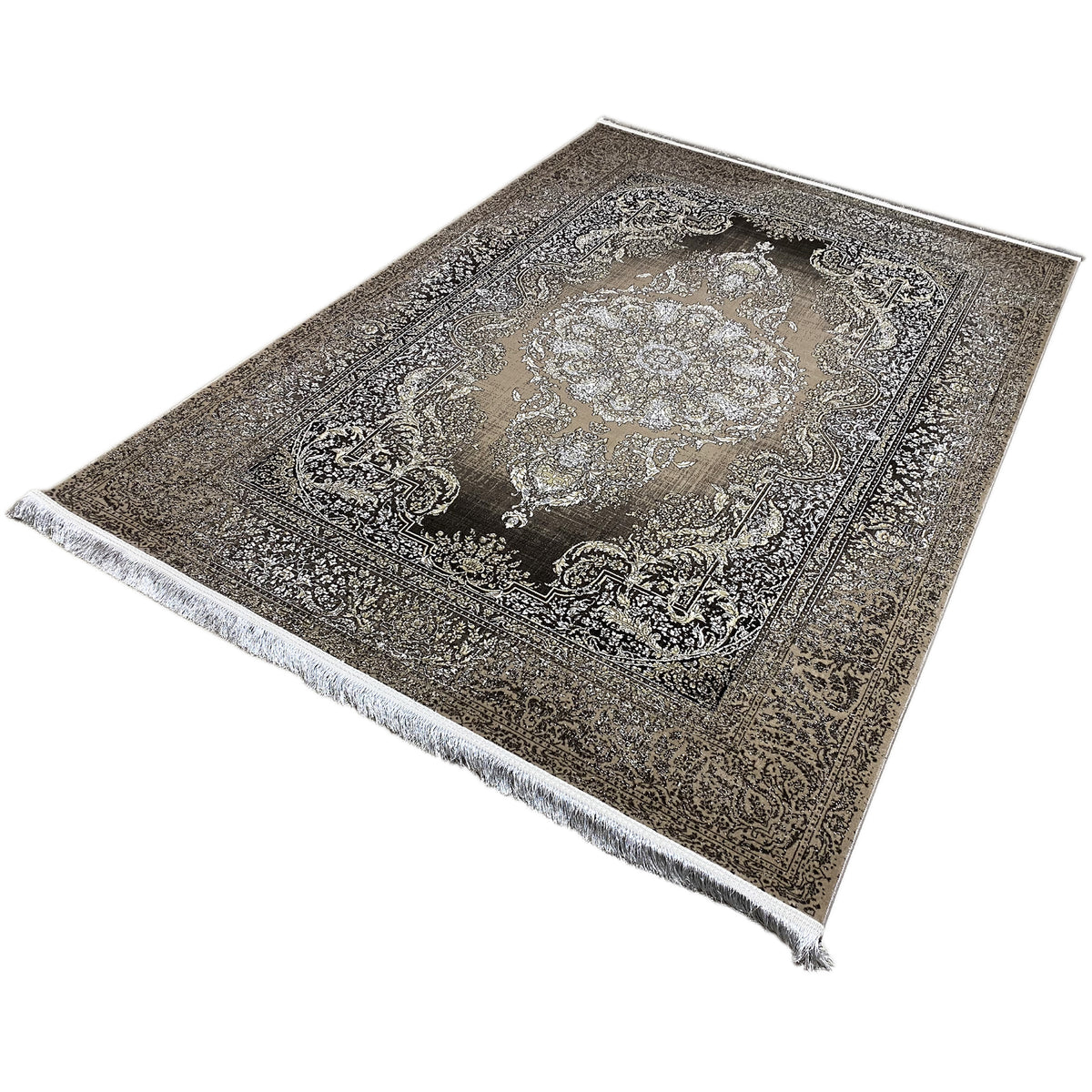 Rug placed at an angle: silver medallion with an ornamental border, light fringe edging