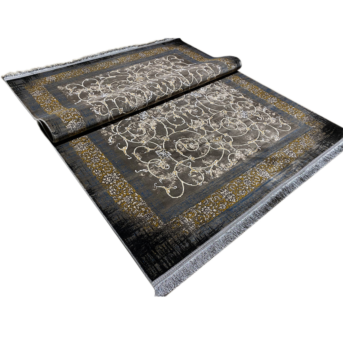 Dark rug 170x240 cm with a gold decorative border and silver ornamental pattern