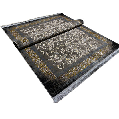 Dark rug 170x240 cm with a gold decorative border and silver ornamental pattern