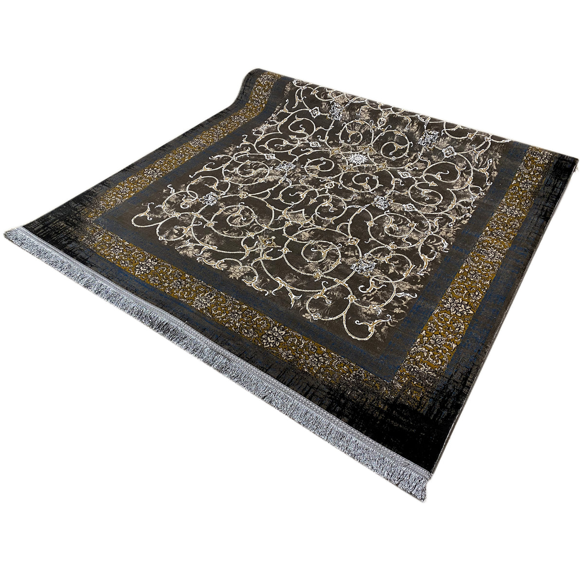 Dark rug 170x240 cm, rectangular, with silver Baroque ornament and gold border