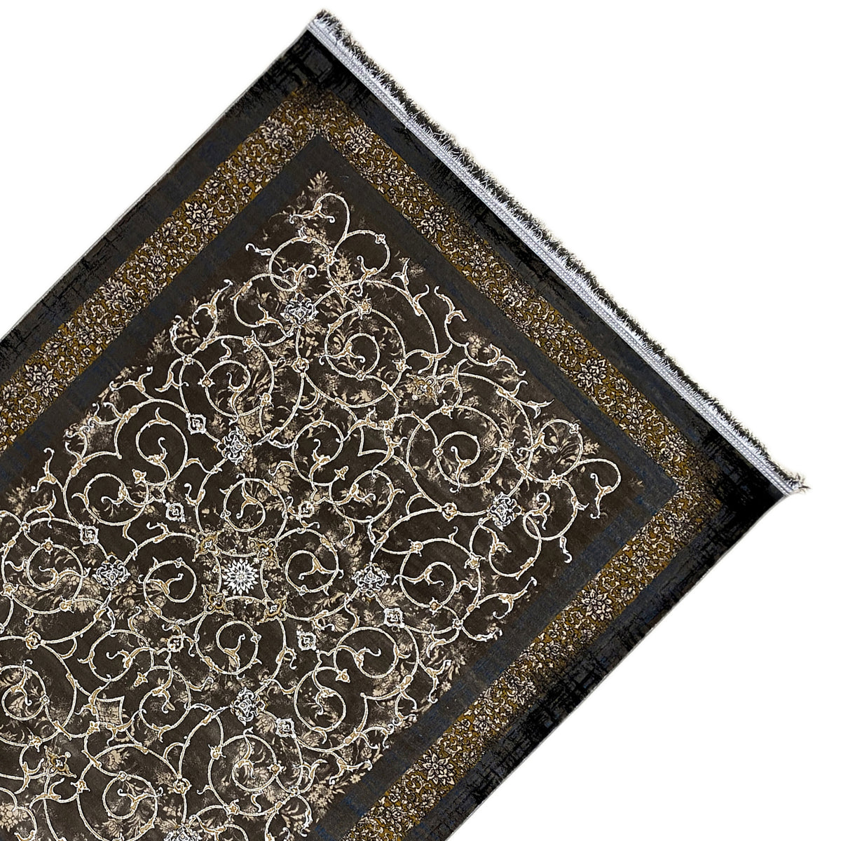Dark rug with a gold-colored pattern and fringes along the edge