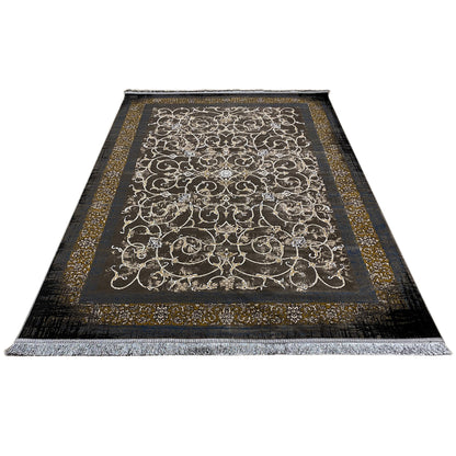 Dark rug 170x240 cm with floral ornamentation and gold-colored border
