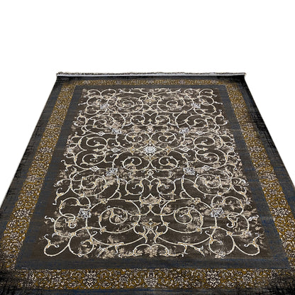 Dark rug with floral vine ornamentation and a gold-colored border, rectangular