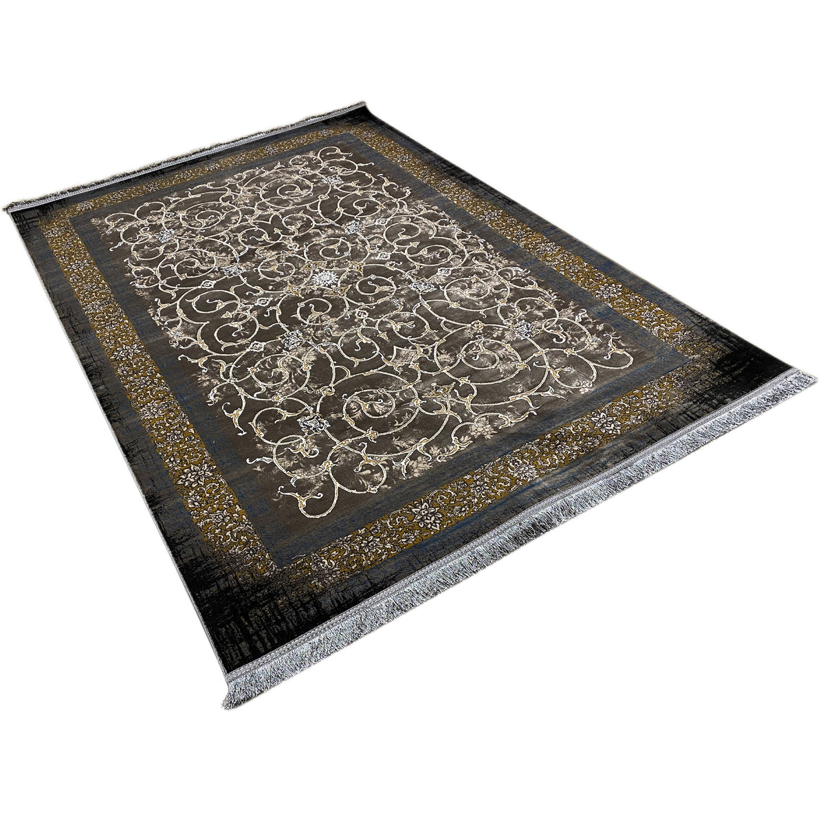Dark rug with grapevine pattern, gold-colored border, 170x240 cm