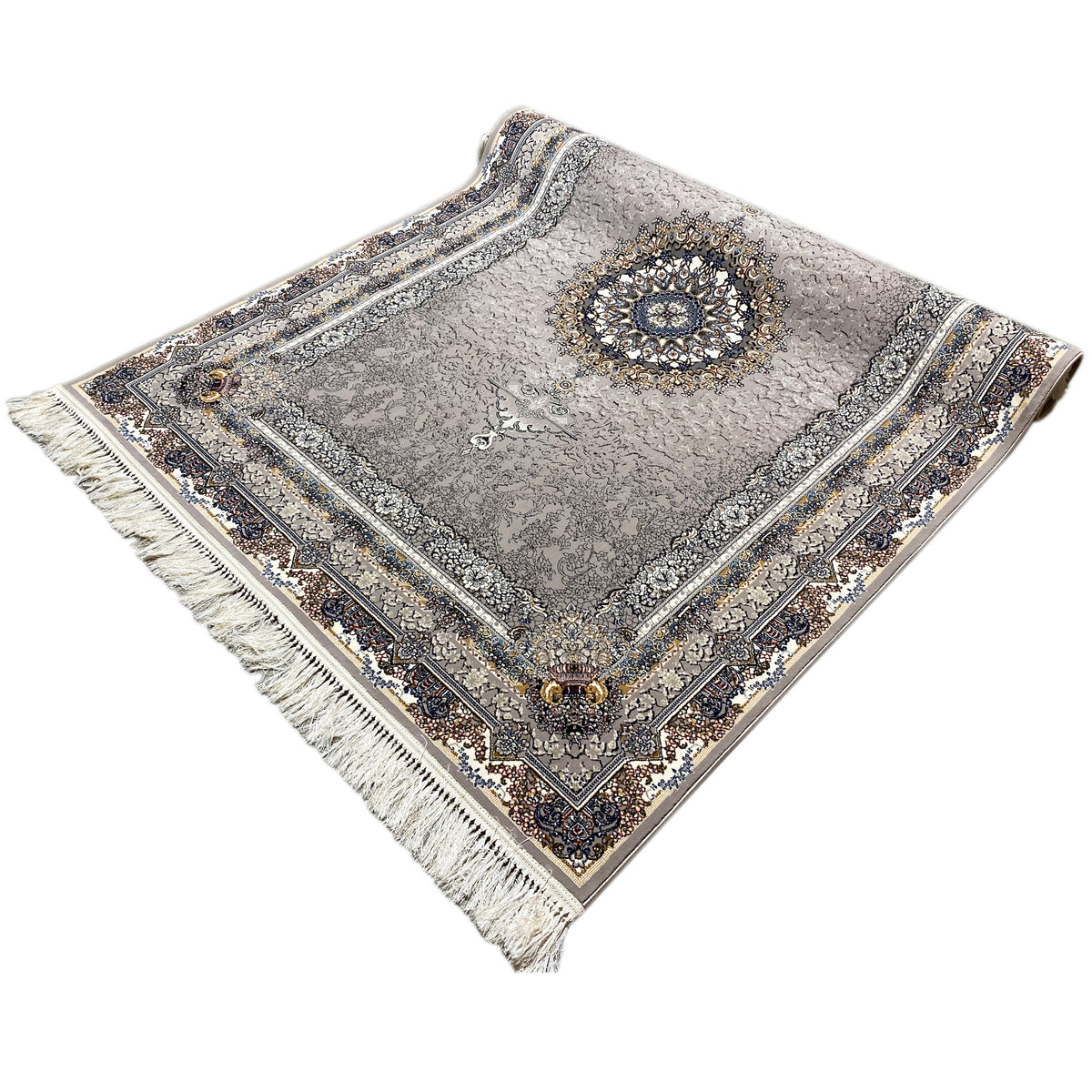 Noah rug with an almost square appearance, medallion motif, border and tassel fringe