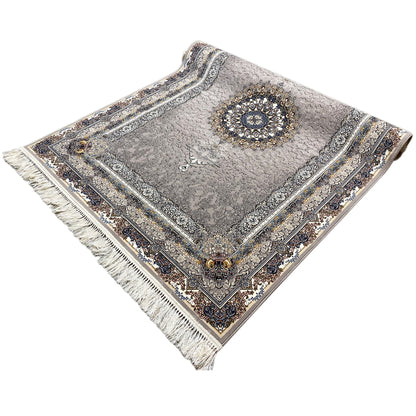 Noah rug with an almost square appearance, medallion motif, border and tassel fringe