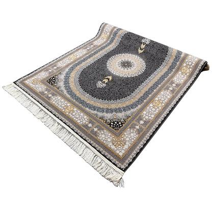 Triangular rug in a folded view with ornamental rings, a dark background and fringes