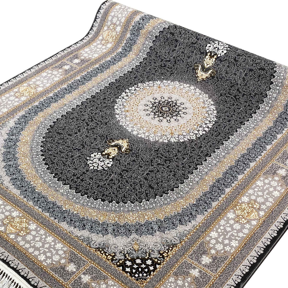 Carpet design with a dark pattern and a round center, decorative lines in gray, beige, and gold
