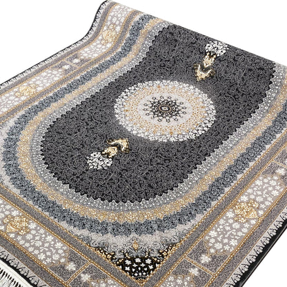 Carpet design with a dark pattern and a round center, decorative lines in gray, beige, and gold