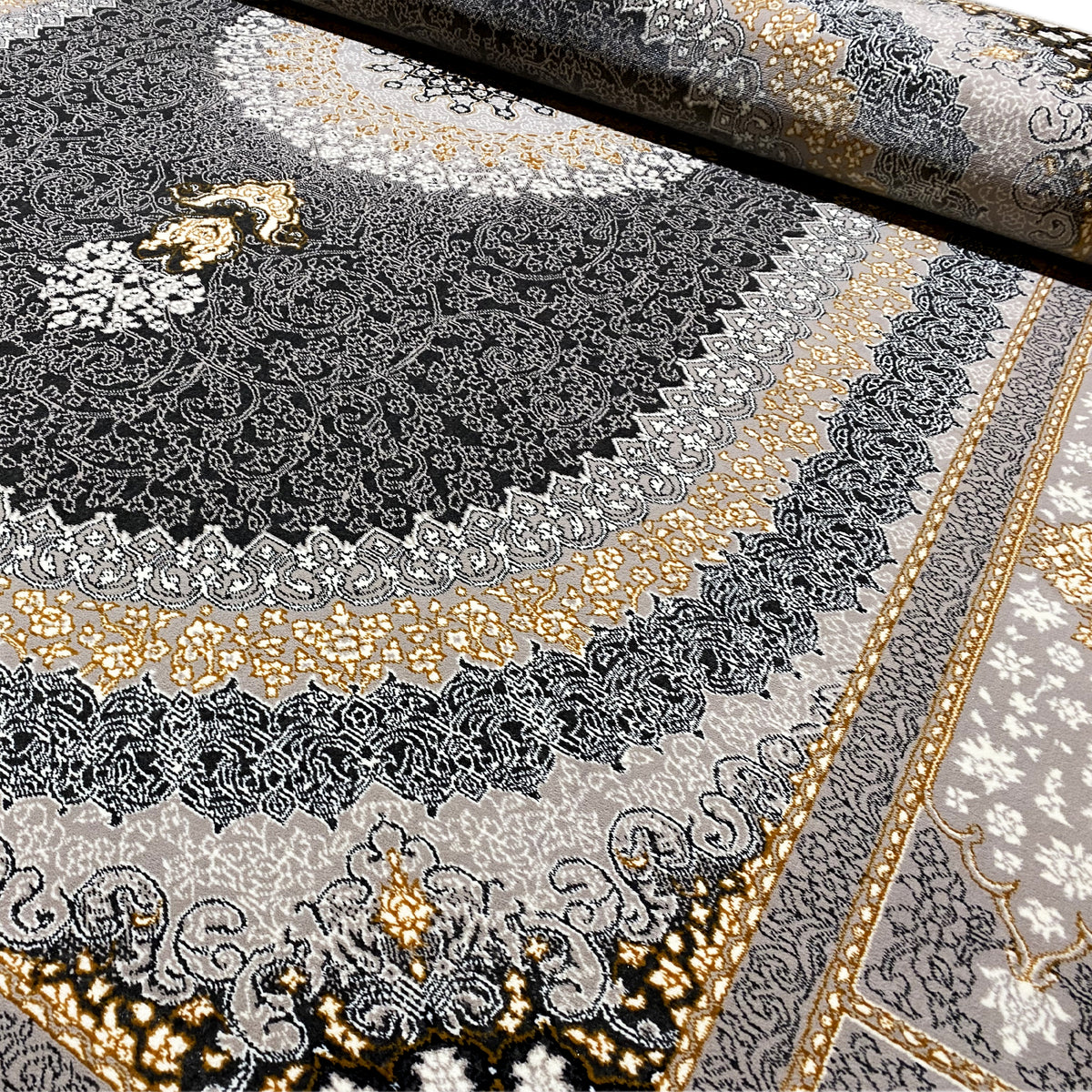 Carpet detail with floral ornaments, piped border and gold-colored highlights