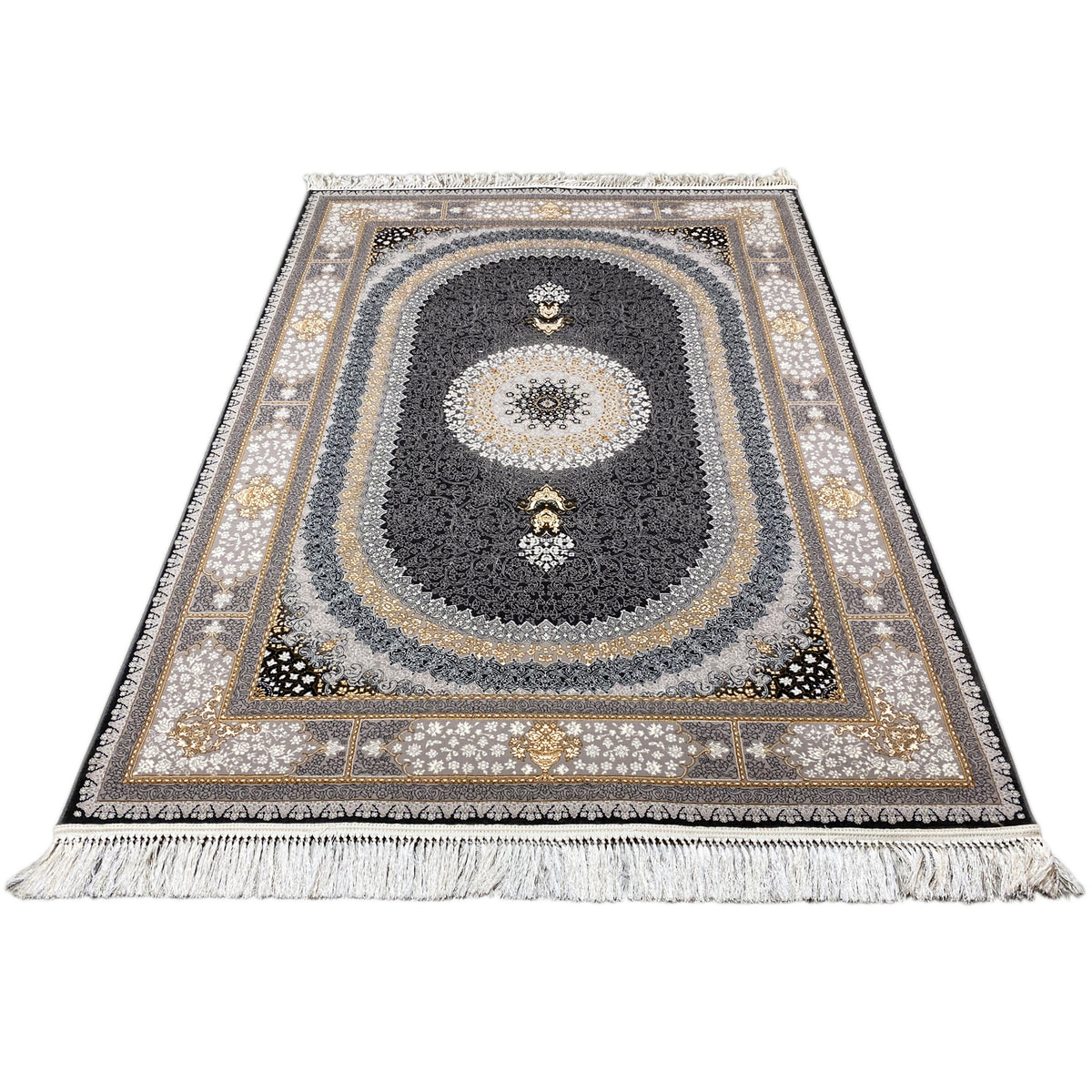 Rectangular ornamental rug with medallion design, dark background, gold-colored appliqués
