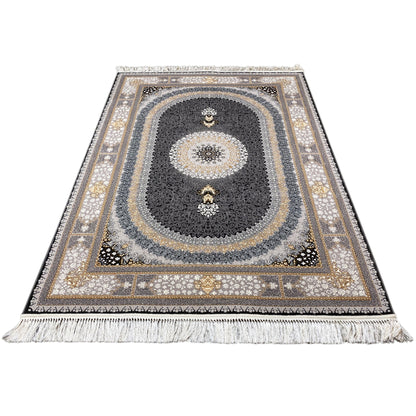 Rectangular ornamental rug with medallion design, dark background, gold-colored appliqués