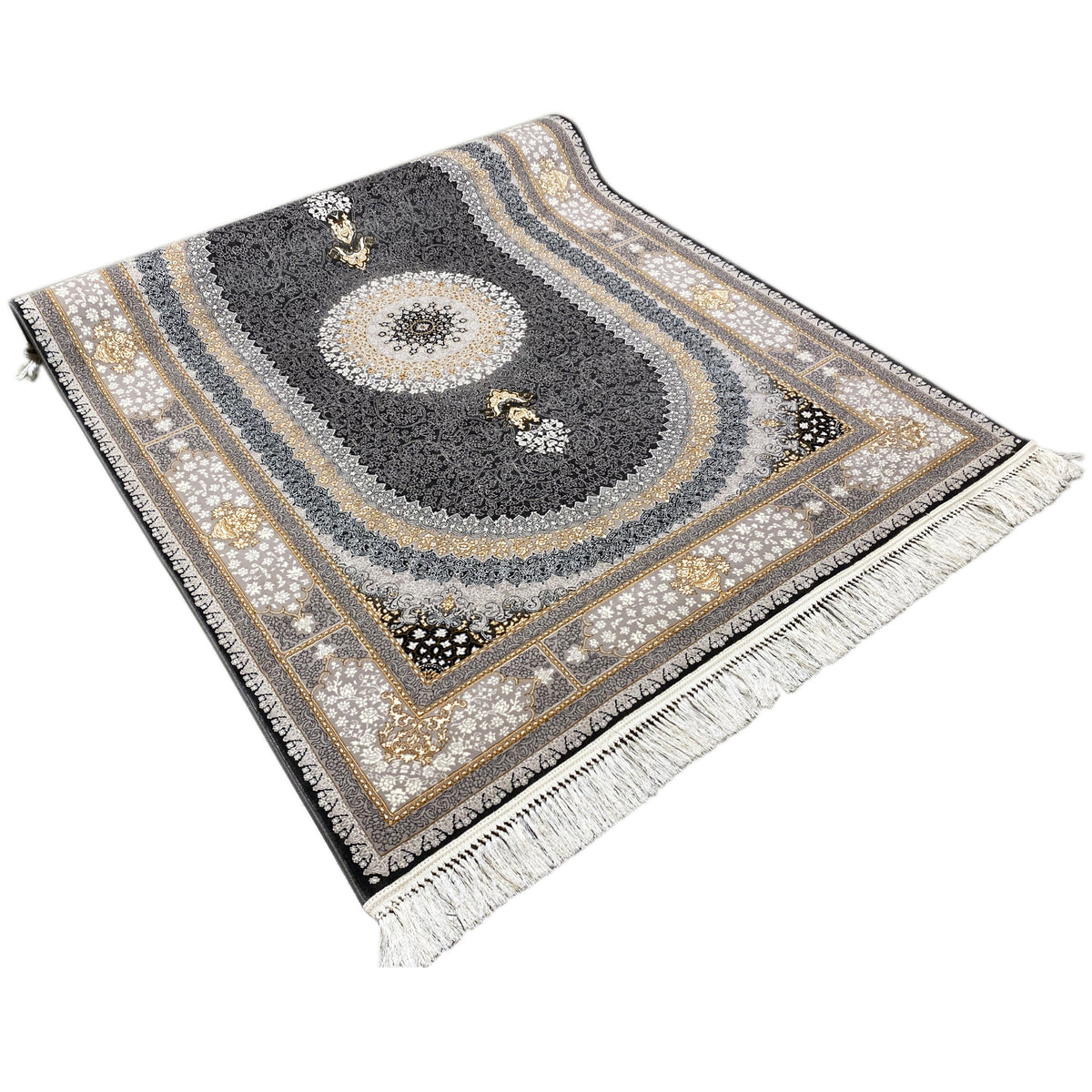 Rug at an oblique angle: ornamental border, dark area with medallion and fringe