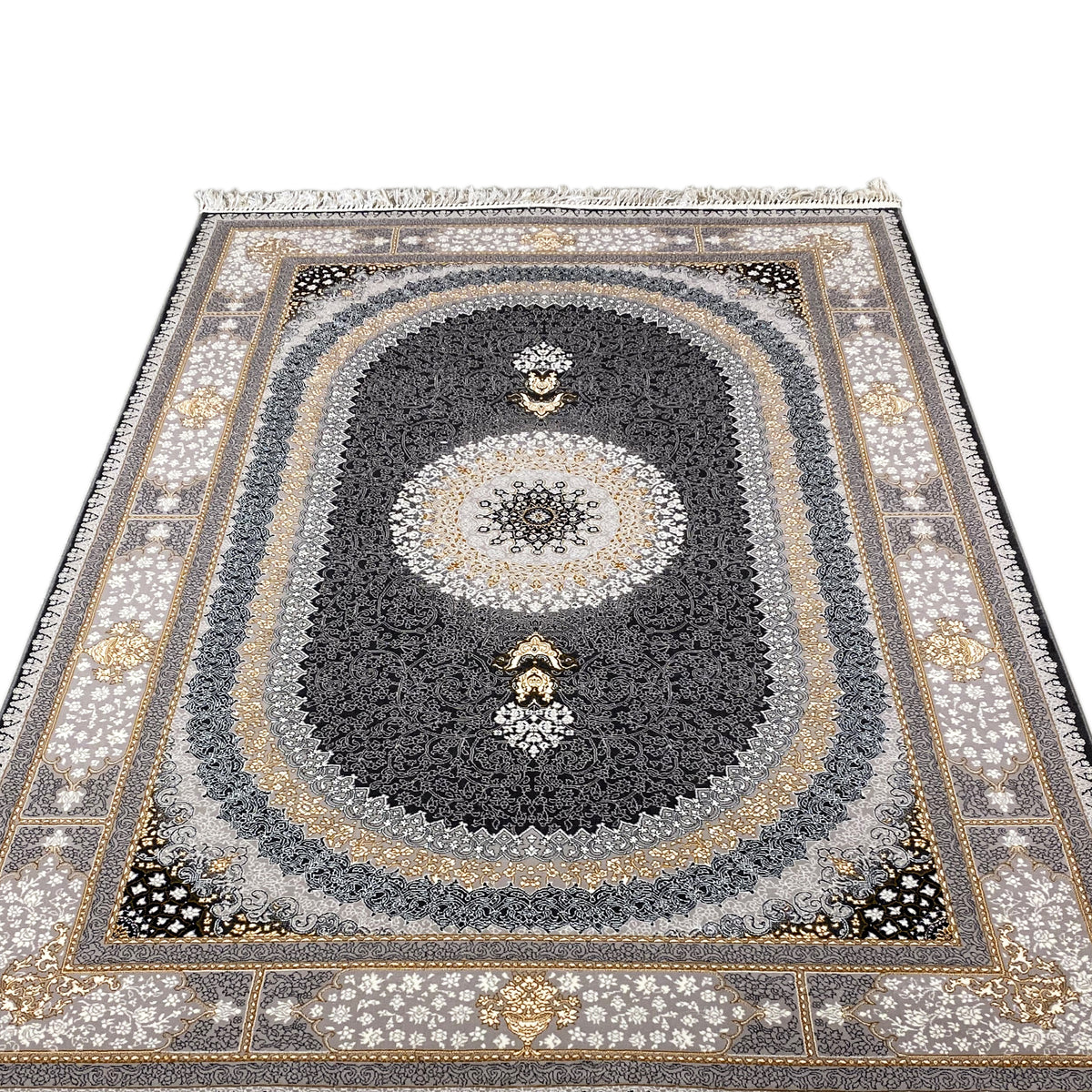 Rug with a symmetrical pattern, round central motif, fringed border and gold-colored accents