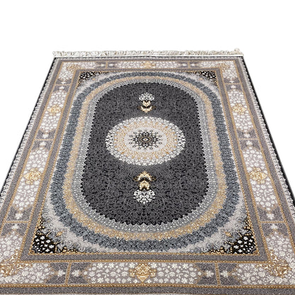 Rug with a symmetrical pattern, round central motif, fringed border and gold-colored accents