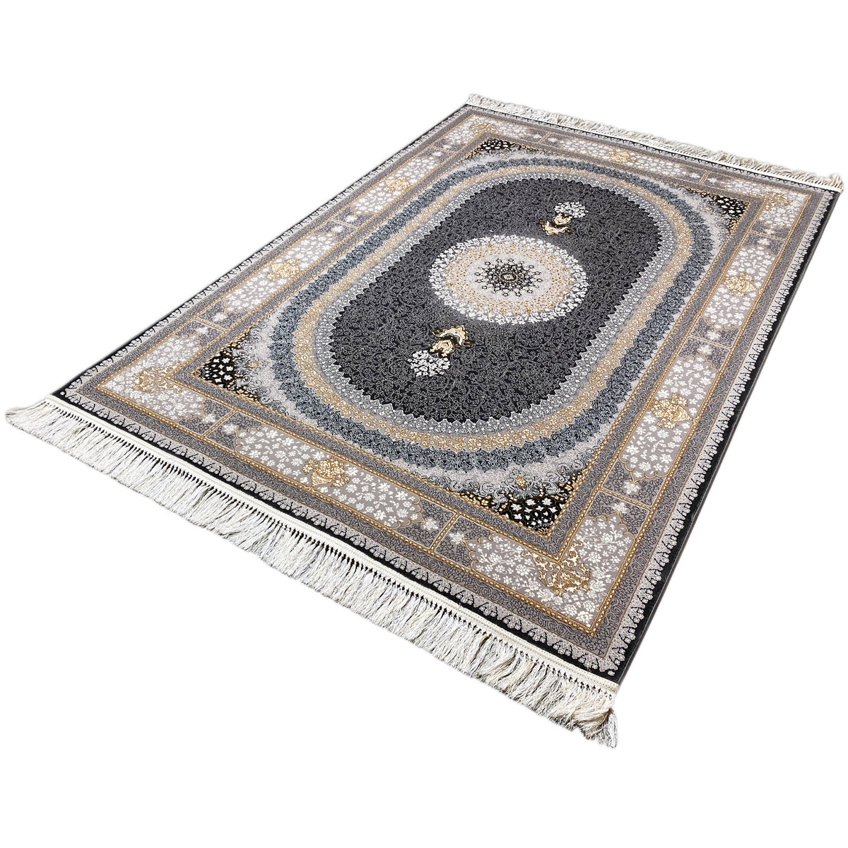 Ornamental rug “Lara” with dark oval, gold accents, and fringes, approx. 160x230 cm