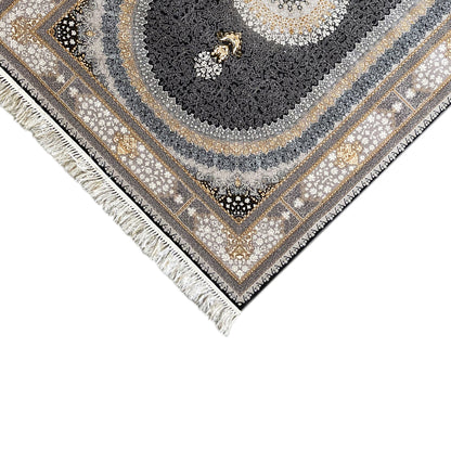 “Lara” rug: detail of the border ornament with fringe and circular pattern in gray and gold
