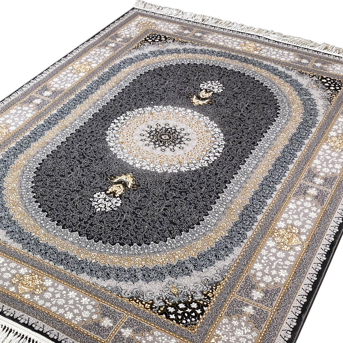 Rug “Lara” close-up: dark central medallion motif, ornaments and gold accents, fringes