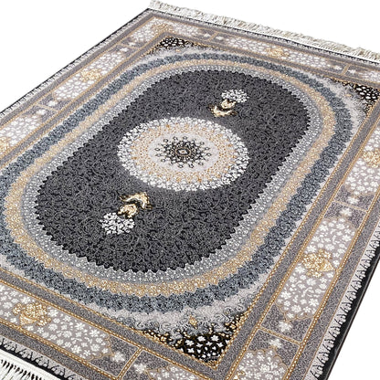 Rug “Lara” close-up: dark central medallion motif, ornaments and gold accents, fringes