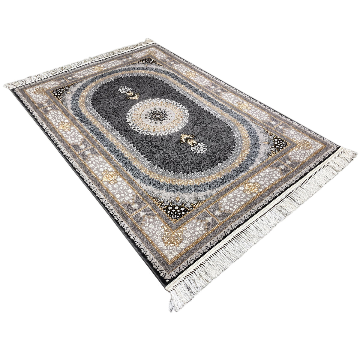 Rug “Lara” laid flat with a dark oval, beige ornamental border, and fringes