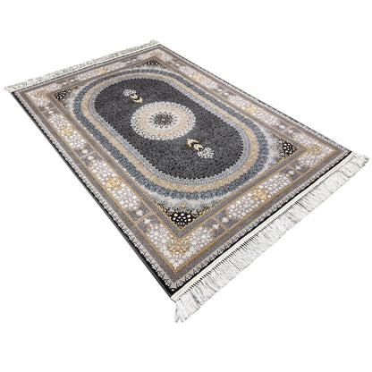 Rug “Lara” laid flat with a dark oval, beige ornamental border, and fringes