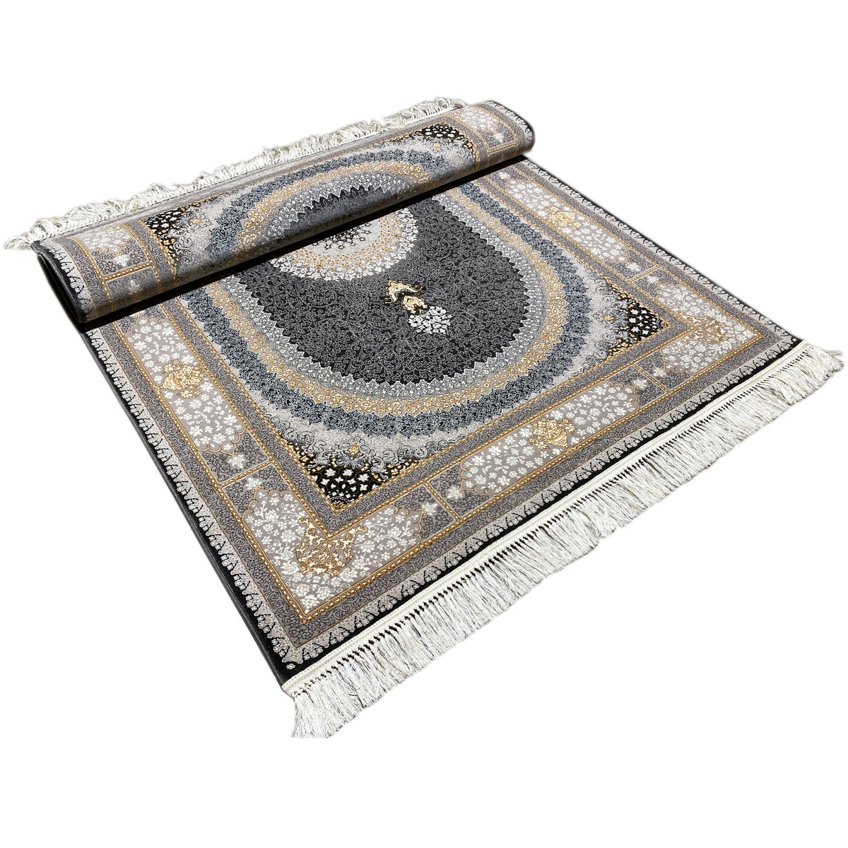 Rug “Lara,” rolled section with ornamental insert, gold accents, and beige stripes