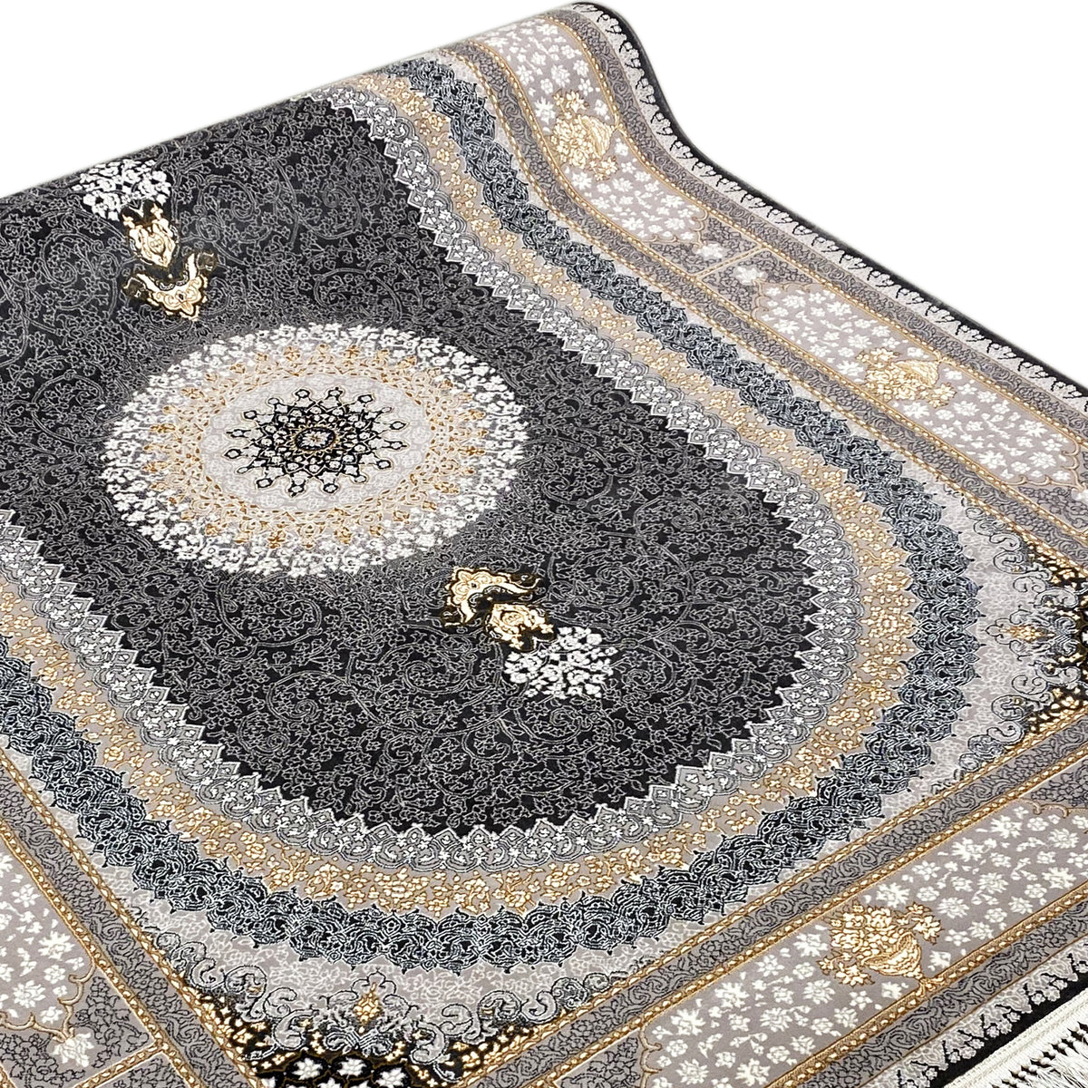 Rug “Lara” detail: dark oval, light central circle ornaments, gold accents along the edge