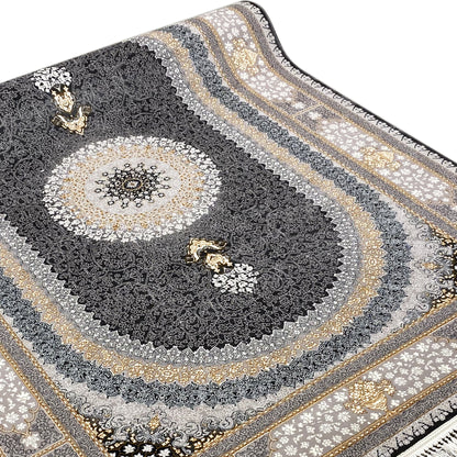 Rug “Lara” detail: dark oval, light central circle ornaments, gold accents along the edge