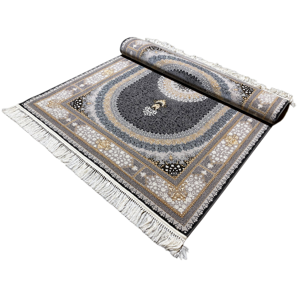 Ornament rug “Lara” with rolled-up center, dark oval, gold border and fringe