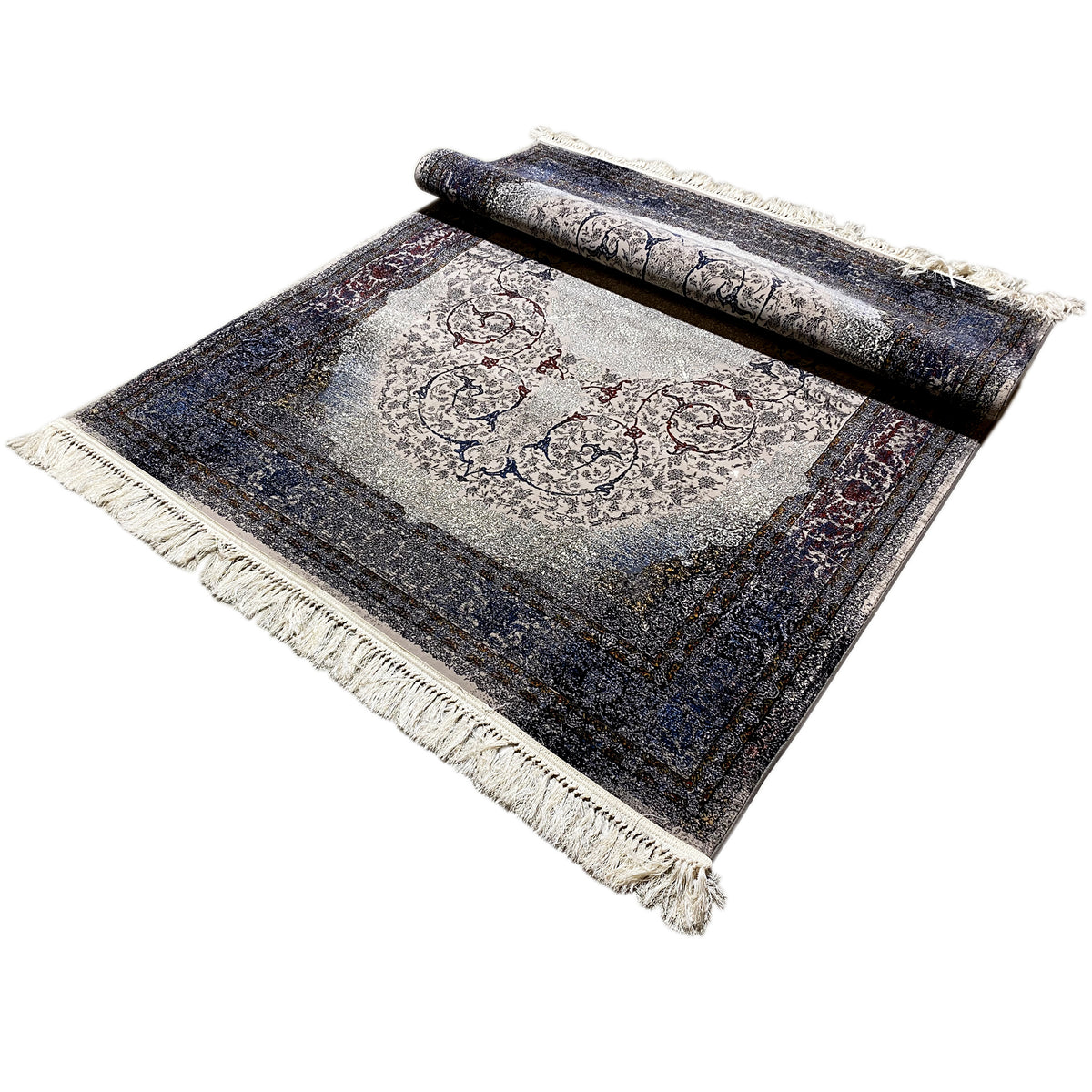 Rug Sofia 160x230 cm, flat-woven; ornamental pattern, light gray center, fringes