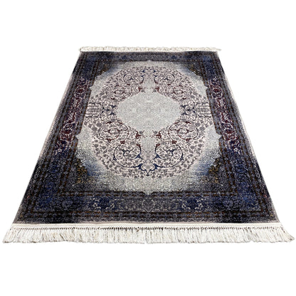 Sofia rug 160x230 cm, top view; round medallion, dark blue border, fringes