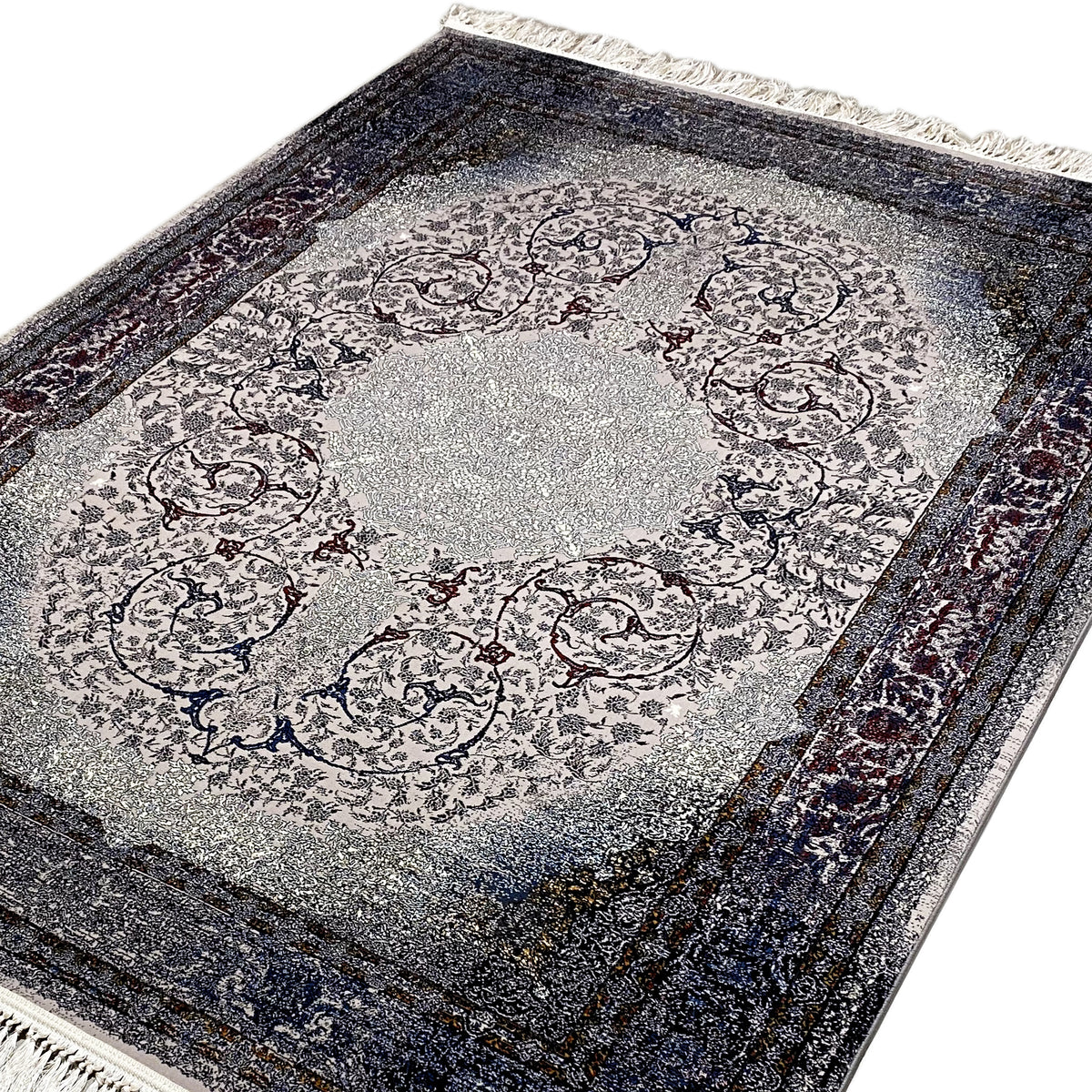 Rug Sofia 160x230 cm, detailed view of the center; medallion ornaments in gray and blue