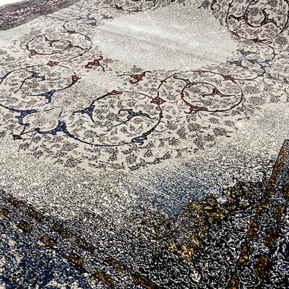 Rug with decorative patterns in gray, dark blue, and yellow accents
