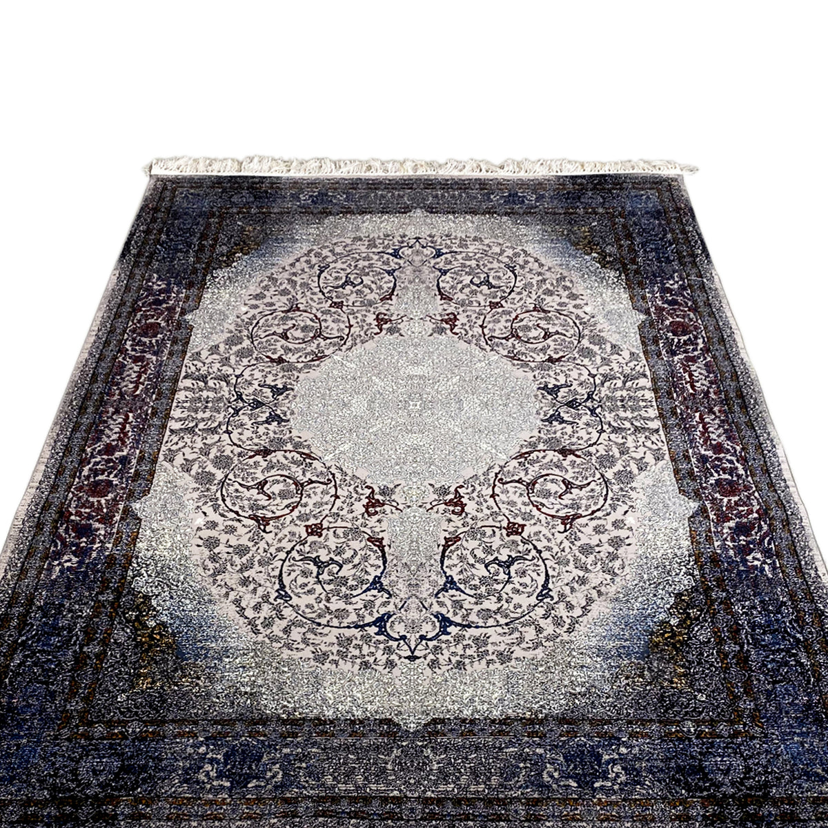 Rug with a round ornamental medallion, dark border, and fringes on the sides