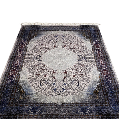 Rug with a round ornamental medallion, dark border, and fringes on the sides