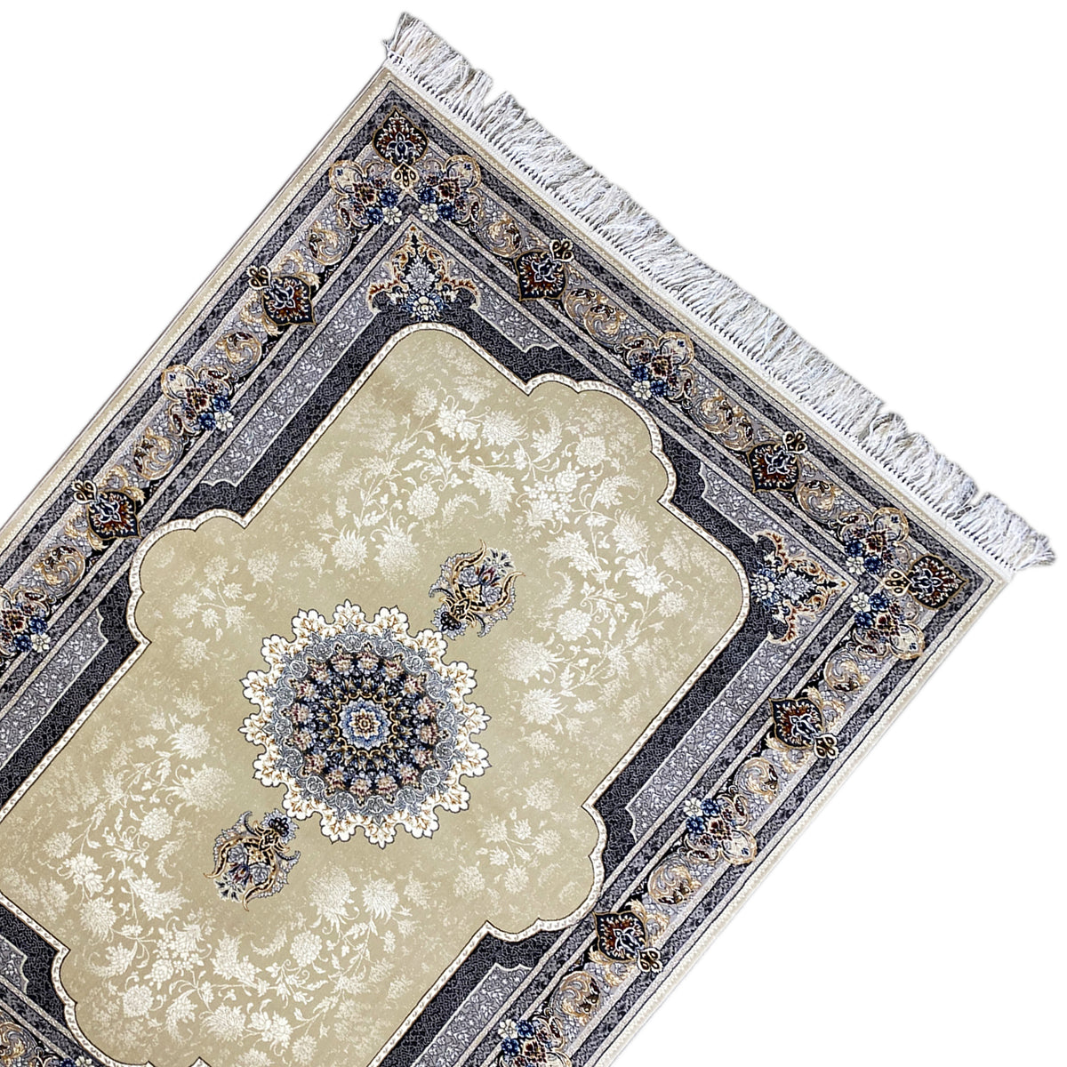 Edge view: beige rug with an ornamental border in blue, dark blue, and fringes