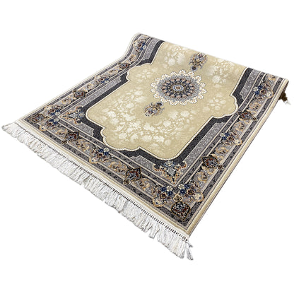 Cute decorative rug with a beige-gold surface, blue border, and tassel fringe
