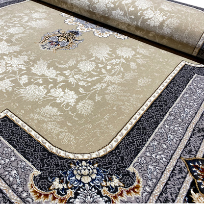 Carpet backing/fabric visible: beige pile with a dark border and decorative edge