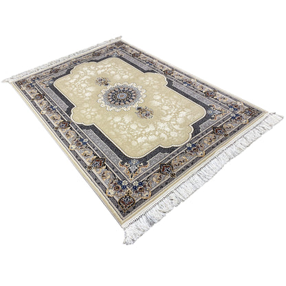 Beige square rug with a medallion, blue-black border, and fringes