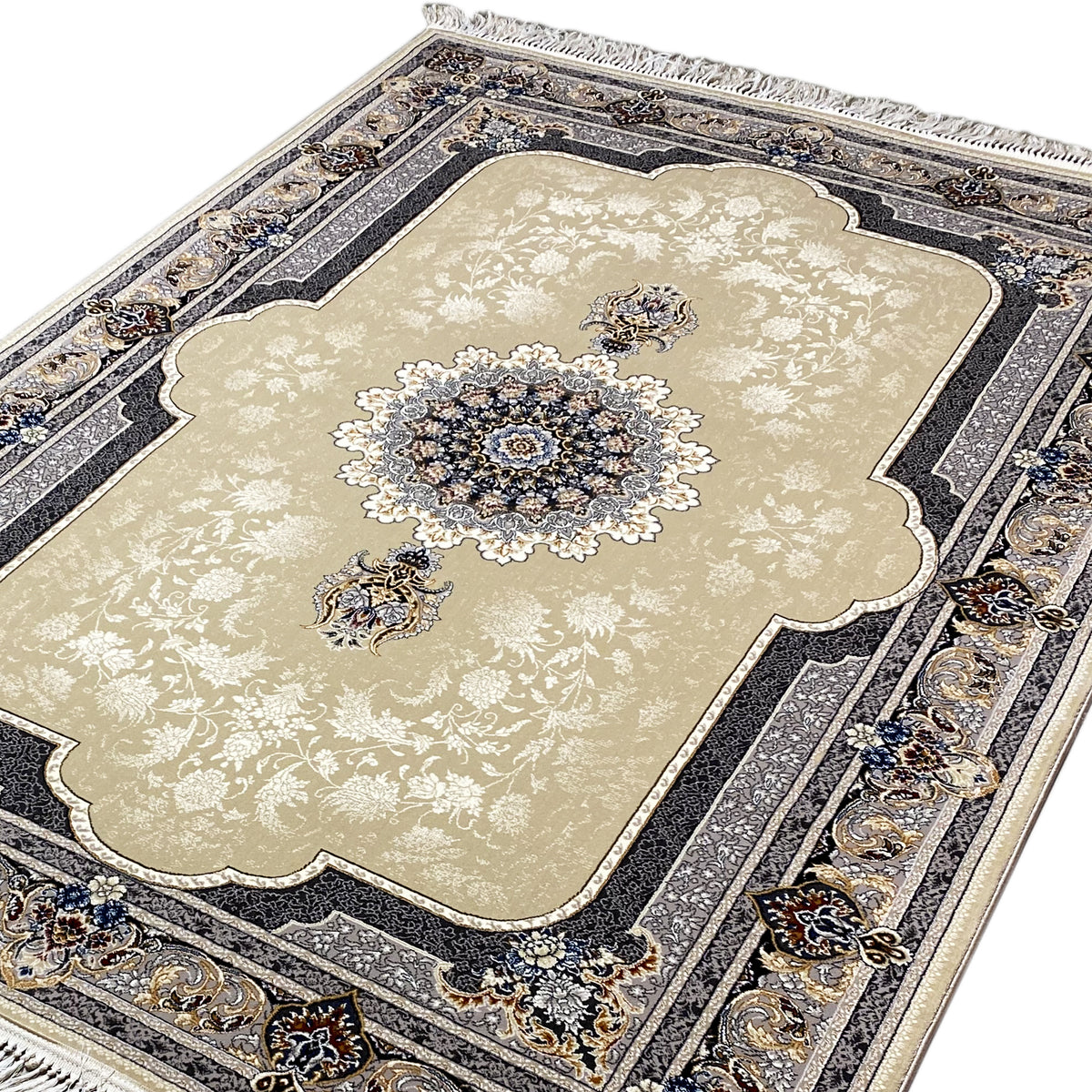 Top view: beige carpet field with a centered floral medallion and ornamental border
