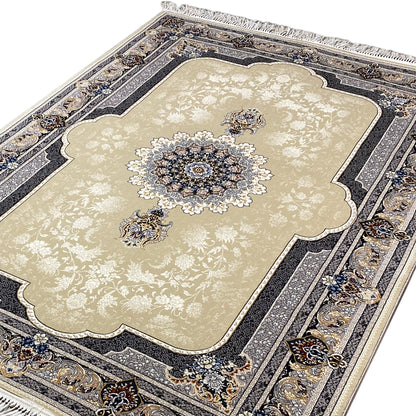 Top view: beige carpet field with a centered floral medallion and ornamental border