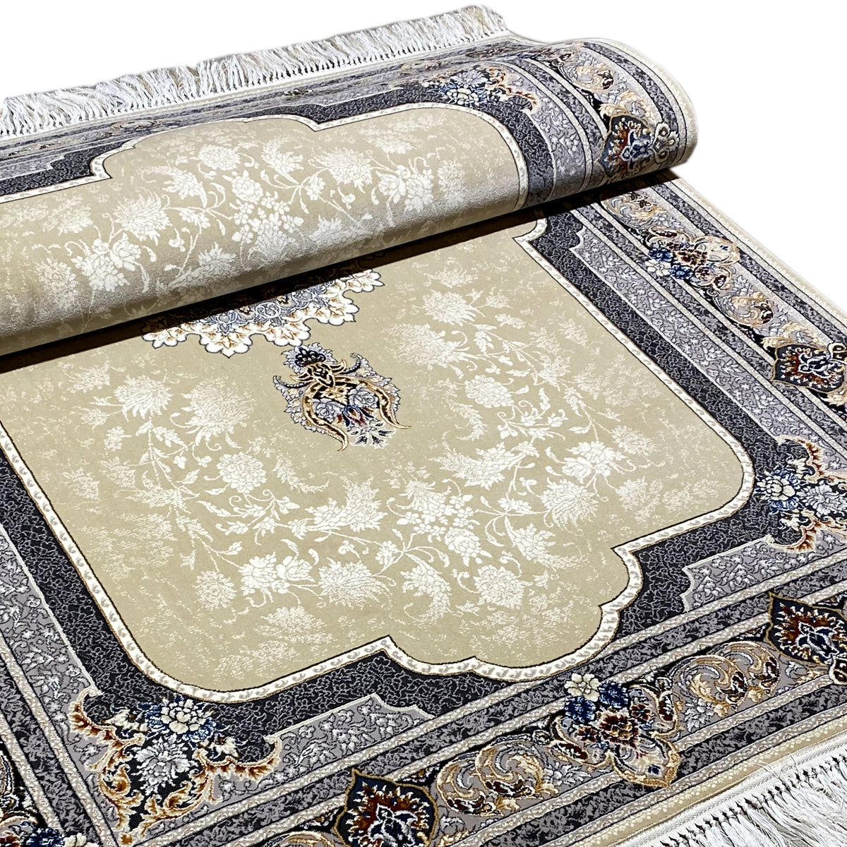 Double runner section: beige carpet field with medallion, blue border, and fringes