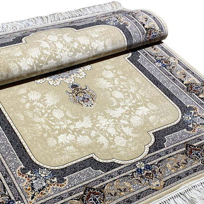 Double runner section: beige carpet field with medallion, blue border, and fringes