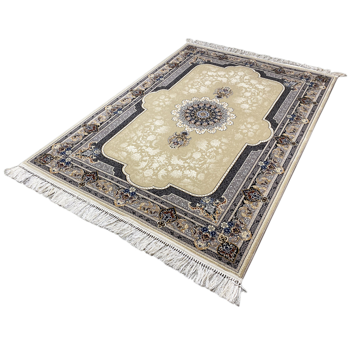 Beige rug with a floral center, blue ornamental border, and fringes at the corners