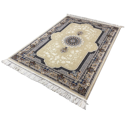 Beige rug with a floral center, blue ornamental border, and fringes at the corners