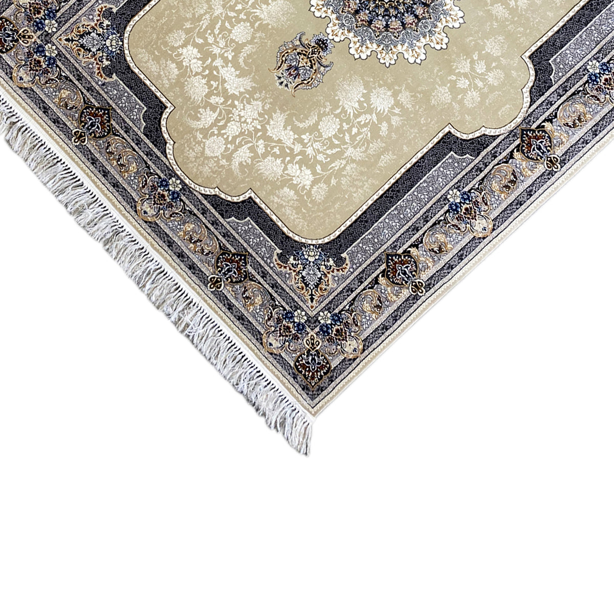 Beige Oriental rug with a blue medallion and vines, with fringes along the edge