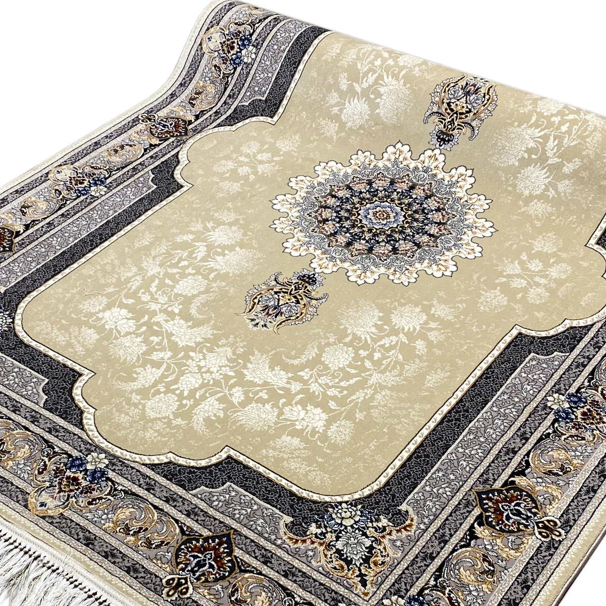 Beige rug with blue-and-gold ornamental borders and fringes, dense decorative pattern