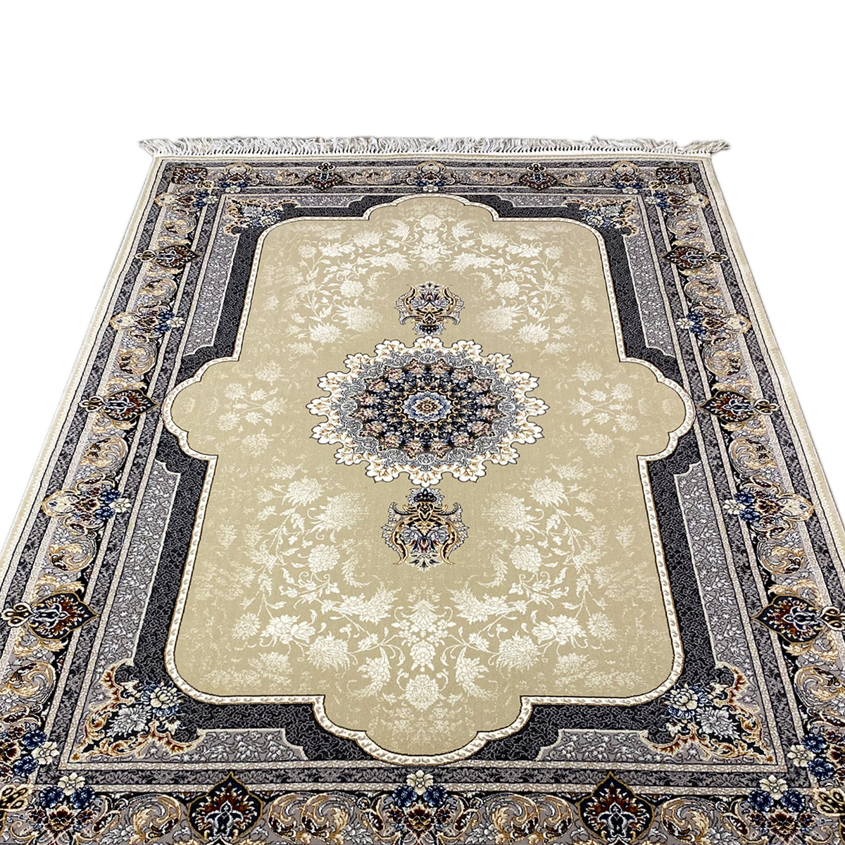 Beige rug with a large decorative field, blue-and-gold medallions, and fringes along the edge